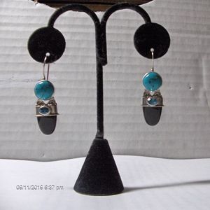 Onyx, Turquoise, and Blue Zircon Earrings